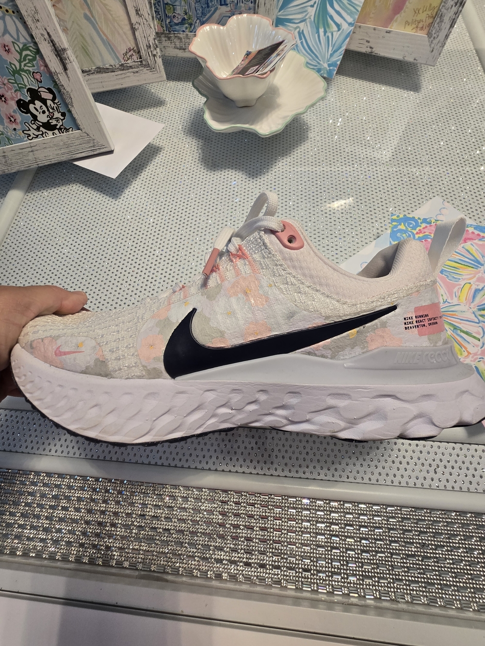Nike React Floral Print Running Shoe - Pink/Black/White